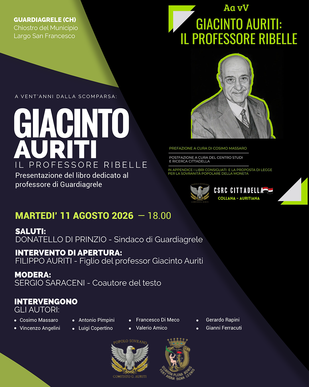 Locandina presentazione libro Giacinto Auriti, Il Professore Ribelle, Guardiagrele 11 agosto 2026 ore 18